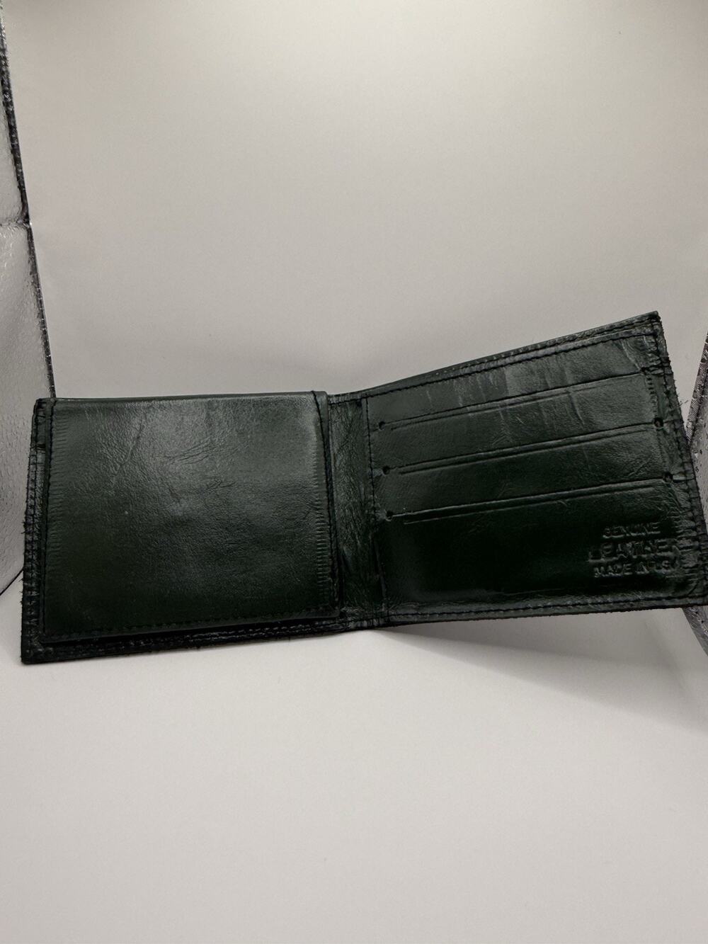 Vintage Genuine Leather Bifold Wallet Green Made in Usa ID Window